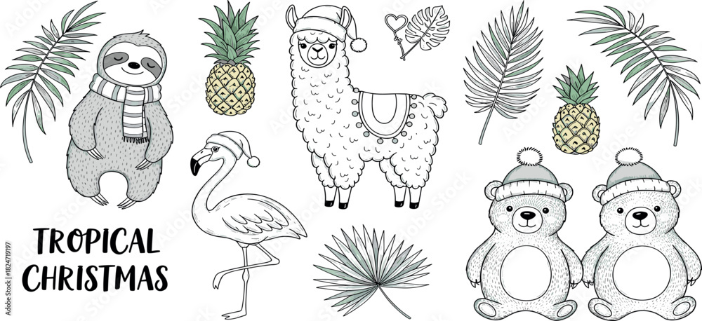 Naklejka premium A collection of cute hand-drawn tropical Christmas animals and plants, including a sloth, llama, flamingo and bears wearing festive hats