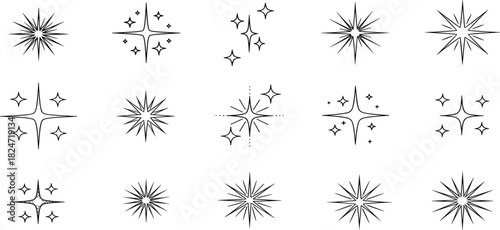 Collection of Simple Sparkle Star Icons for Design and Decoration in Black and White