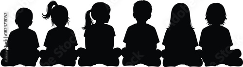 Silhouette children sitting together in a row, peaceful youth group, unity, diversity, childhood concept, education theme, isolated black figures