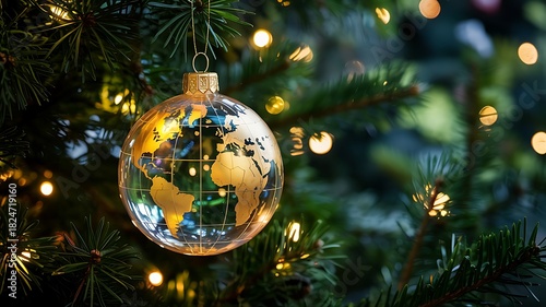 A unique golden globe christmas ornament reflecting festive lights and evergreen branches symbolizing global holiday spirit and celebration
