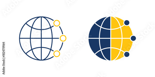Global connection icon in outline and solid style featuring network points, representing worldwide communication, internet connectivity and digital networking