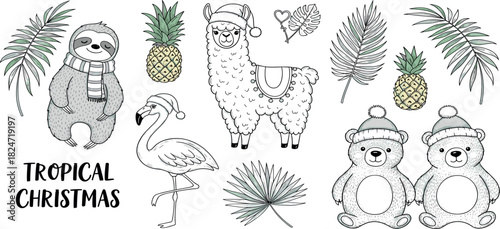 A collection of cute hand-drawn tropical Christmas animals and plants, including a sloth, llama, flamingo and bears wearing festive hats