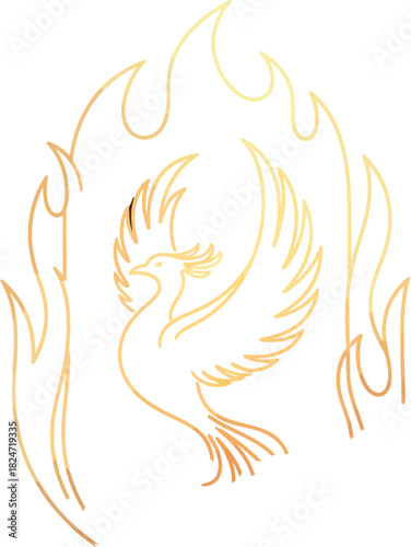 Golden phoenix rising from flames against a dark background illustration
