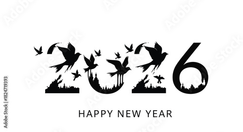 The year 2026 formed by silhouetted birds and floral elements for new year