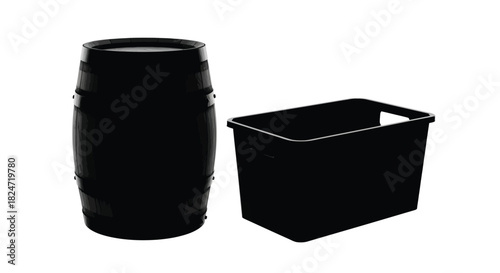 A black barrel and rectangular plastic container isolated on a white background