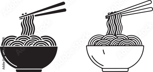 Minimalist Icons: Bowl of Noodles with Chopsticks, Black and White