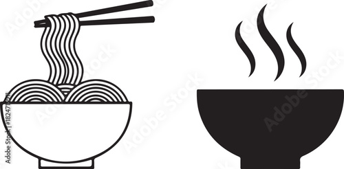 Minimalist Icons of Noodles in a Bowl and Steaming Bowl