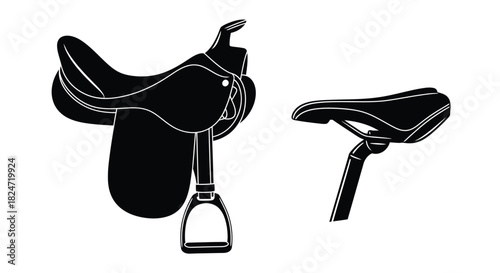 A black and white illustration depicting a horse saddle and bicycle seat
