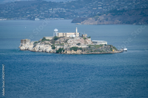 Alcatraz Island viewed from across the bay in San Francisco, from a high vantage point.