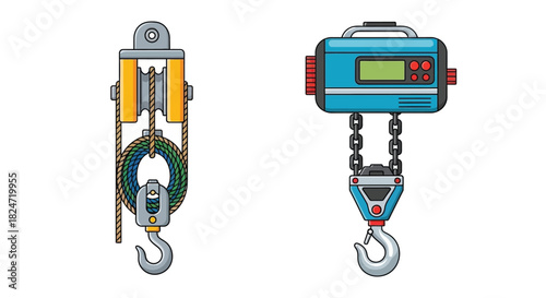 Illustration of a chain hoist and digital scale with hanging hooks