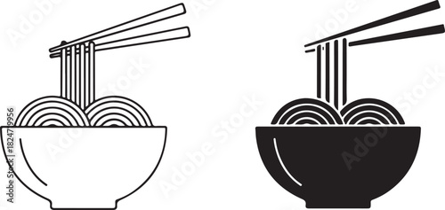 Minimalist Icons of Noodles in a Bowl with Chopsticks