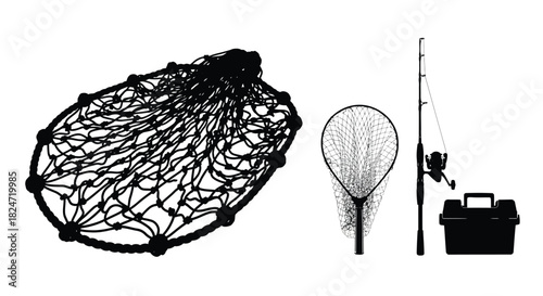 Black and white illustration of fishing net rod and tackle box