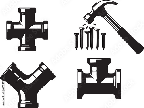 Plumbing Fittings and Hammer with Nails Icons - Industrial and Construction Elements