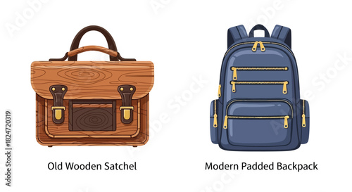Vintage wooden satchel and modern blue padded backpack illustration