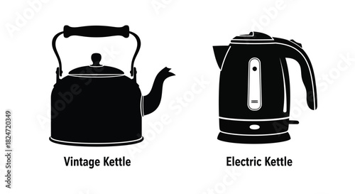 A comparison of vintage and modern electric kettle designs in black and white