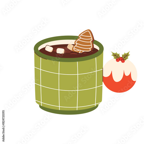 Cute Christmas Mugs with Christmas tree, cacao, whipped cream, marshmallow, gingerbread and candy cane. Seasonal flavored products, cards for New Year or winter holidays. Vector flat illustration