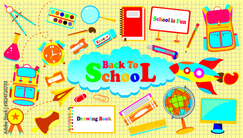 Back to school banner. Back to school concept vector. Library themed set elements. School stationery stickers on grid paper. Set of education elements. Collection of education school icons. 