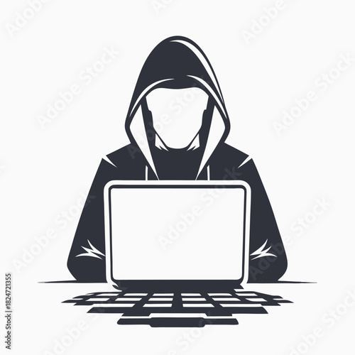 Faceless figure in a hood operates a laptop, showcasing digital anonymity and security
