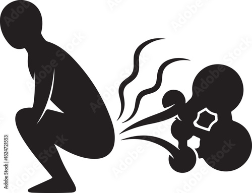 Silhouette of a person passing gas with stylized fumes and bubbles