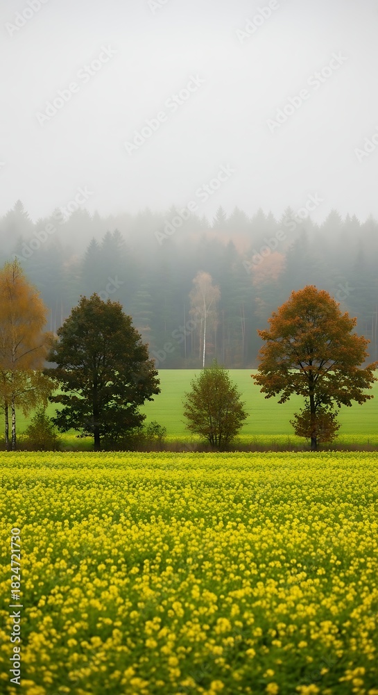Obraz premium A scenic rural landscape during the autumn season, showcasing vibrant yellow flowers in the foreground. Trees and fog in the distance