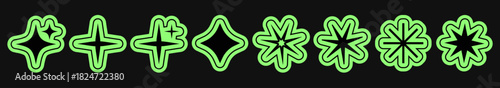Neon green glow star shapes in a y2k. Bright luminous outlines create a modern cosmic look. Smooth geometric forms add a futuristic vibe, perfect for patterns, prints, and creative projects.