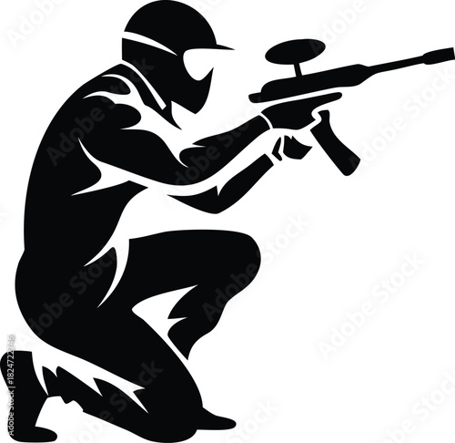 Dynamic paintball player shooting silhouette vector ideal for sports graphics, team posters, action designs, merchandise, print, and digital use. High-quality, clean and editable.