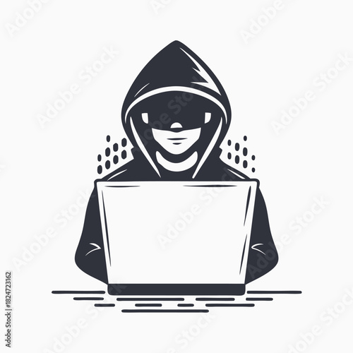 Anonymous character wearing hoodie is using laptop, indicating cybersecurity or hacking concept