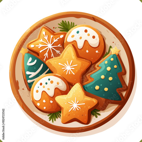 Vector illustration of a plate with assorted Christmas cookies in star and tree shapes, decorated with icing, isolated on a white background