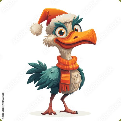 Vector illustration of a festive ostrich wearing a Santa hat and scarf, standing upright, isolated on a white background