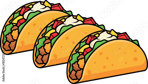 Three Delicious Tacos Lined Up Together Ready to Eat.
