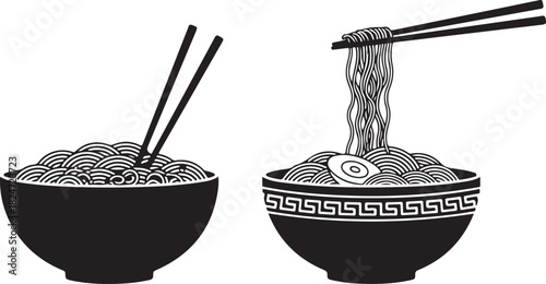 Two bowls of ramen noodles with chopsticks, one being lifted, black and white illustration
