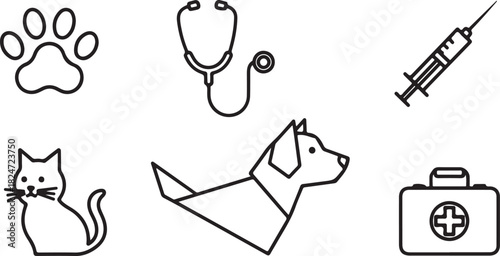 Veterinary Icons: Paw Print, Stethoscope, Syringe, Cat, Dog, and First Aid Kit
