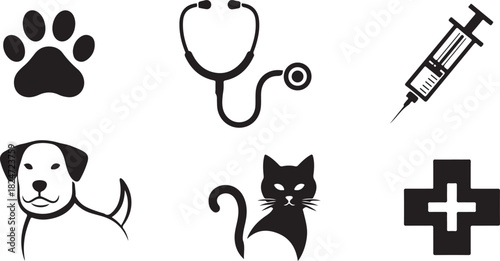Veterinary Icons: Paw Print, Stethoscope, Syringe, Dog, Cat, and Cross