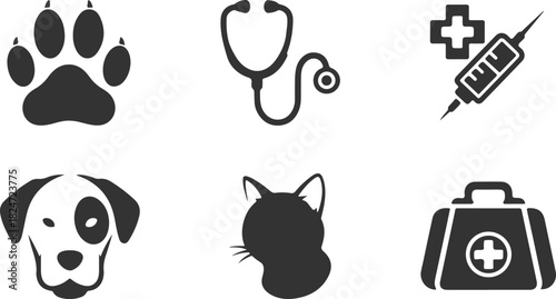 Veterinary Icons: Paw Print, Stethoscope, Syringe, Dog, Cat, and First Aid Kit