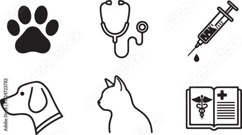 Veterinary Icons: Paw Print, Stethoscope, Syringe, Dog, Cat, and Medical Book