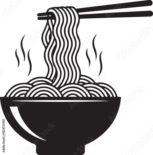 Steaming Bowl of Noodles with Chopsticks - Black and White Icon