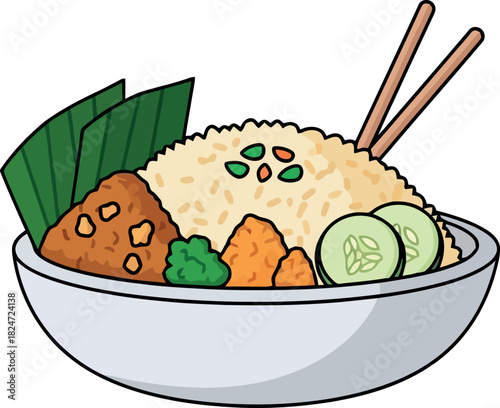 Delicious Nasi Lemak Illustration with Traditional Accompaniments.