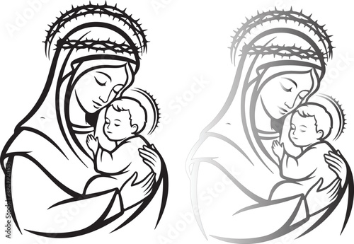 Stylized depiction of Virgin Mary holding baby Jesus with a crown of thorns