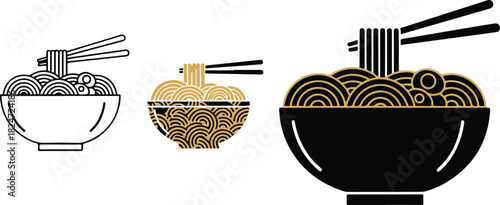 Stylized Illustrations of Ramen Noodles in Bowls with Chopsticks