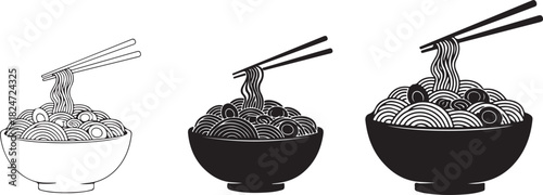Three stylized bowls of noodles with chopsticks, black and white illustrations