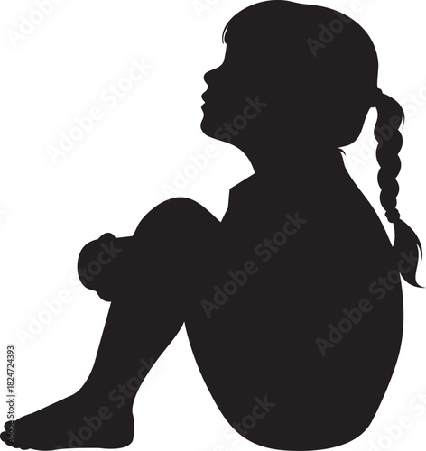 Vector Silhouette of a Young Girl Sitting Down with Knees Tucked and Looking Upwards in Profile