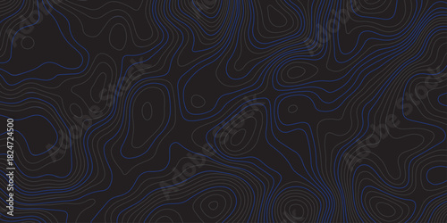 Dark abstract topographic contour pattern with smooth flowing lines and subtle blue accents. Modern minimalist background ideal for digital design, wallpapers, branding, and seamless graphic textures.