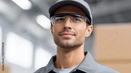 Delivery worker in uniform stands indoors while turning his head slightly as he checks directions and adjusts focus, maintaining a calm professional expression in a bright warehouse setting