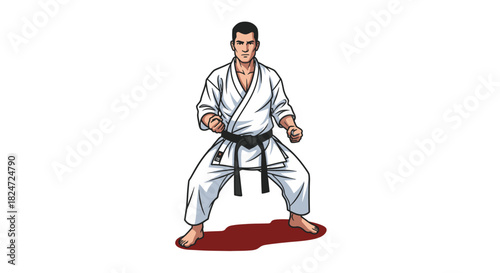 Illustration of karate martial arts master in gi ready to fight fighting stance for self defense