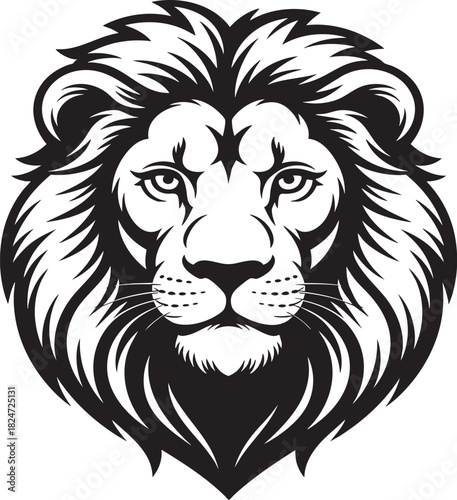 A striking, detailed black and white illustration of a lion's head with a full, flowing mane and piercing eyes.