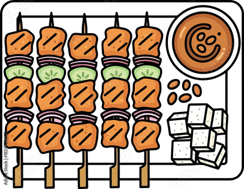 Delicious Chicken Satay Skewers with Peanut Sauce and Tofu.