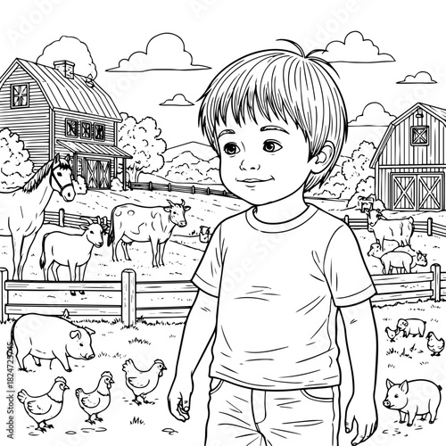 A charming black and white illustration of a farm scene with boy various animals like cows, pigs, ducks, set against a backdrop of a barn and fields vector illustration