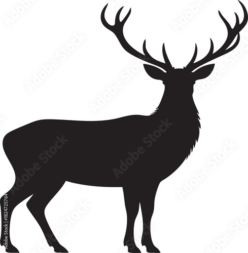 A striking black silhouette of a stag with impressive antlers, captured from the side against a white background.