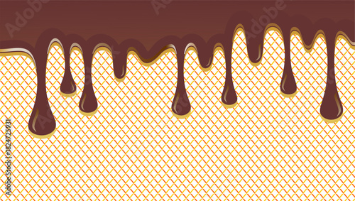 Wavy chocolate drip illustration. Choco border fresh dripped illustration background. Chocolate dripping on waffle pattern background. Dripping ice cream illustration. Melting syrup illustration.