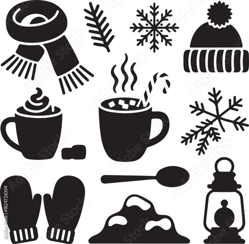 Cozy Winter Season Black and White Vector Icon Set Illustration